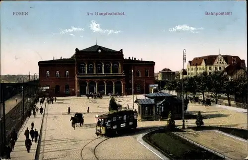 Ak Poznań Posen, Hauptbahnhof vom Vorplatz, Bahnpostamt, Straßenbahn