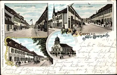 Litho Neuf Brisach Neubreisach Elsass Haut Rhin, Straßburger Straße, Basler Straße, Post, Kirche