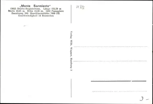 Ak Dampfschiff Monte Sarmiento, HSDG, Hamburger Hafen