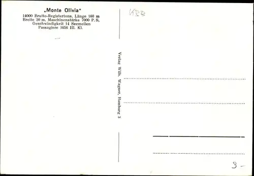 Ak Dampfschiff Monte Olivia, HSDG, Ansicht Steuerbord