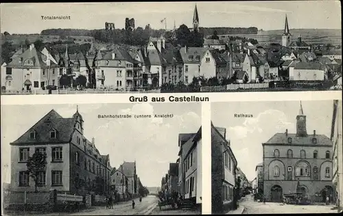 Ak Kastellaun im Rhein Hunsrück Kreis, Bahnhofstraße, Rathaus, Stadtpanorama