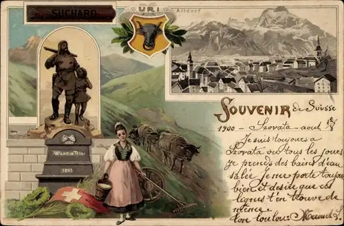 Litho Altdorf Kt. Uri Schweiz, Reklame Suchard, Denkmal Wilhelm Tell, Wappen, Bäuerin