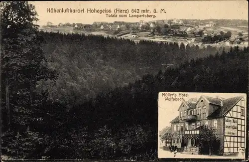 Ak Hohegeiß Braunlage im Oberharz, Müller's Hotel Wolfsbach, Totale vom Lampertsberg