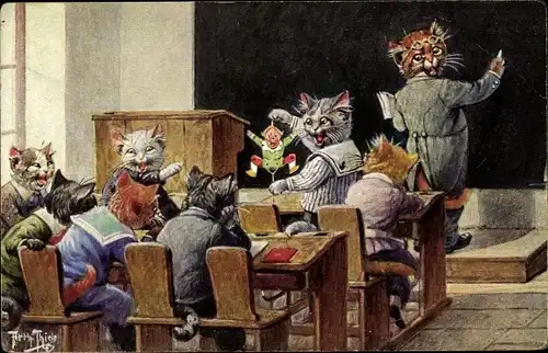 Künstler Ak Thiele, Arthur, Katzenschule, Hampelmann, Lehrer, Vermenschlichte Katzen