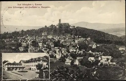 Ak Königstein im Taunus Hessen, Panorama vom Hildatempel, Parkhotel, Kurgarten