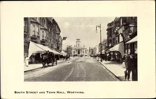 Ak Worthing South East England, South Street and Town Hall, Geschäftsstraße, Rathaus