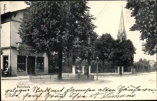 Ak Reinbek in Schleswig Holstein, Straßenpartie, Geschäft Wilh. Krohn Ww., Kirchturm