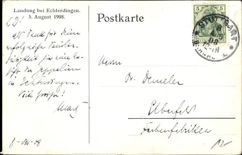 Ak Leinfelden Echterdingen BW, Zeppelin Luftschiff, Landung am 05. August 1908