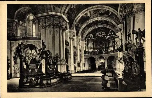Ak Krzeszów Kamienna Góra Grüssau Schlesien, Inneres der Abteikirche m. Orgelbühne