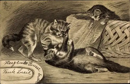 Präge Litho Drei kleine spielende Katzen, Weidenkorb