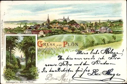 Litho Plön in Schleswig Holstein, Panorama vom Ort, Schlossgarten, Blick vom Stern
