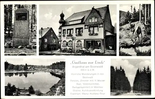 Ak Argenthal am Soonwald, Gasthaus zur Linde, Saudenkmal, Waldsee, Wegpartie