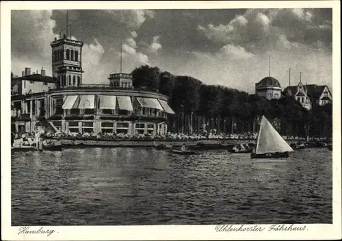 Ak Hamburg Nord Uhlenhorst, Fährhaus, Uferpartie, Segelboot