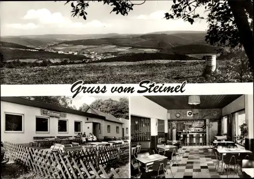 Ak Steimel im Westerwald, Panorama vom Ort, Gasthaus Krah, Auf dem Steimel, Innenansicht, Terrasse