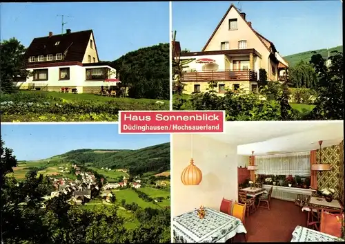 Ak Düdinghausen Medebach im Sauerland, Haus Sonnenblick, Außen- u. Innenanischt, Panorama vom Ort