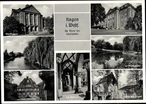 Ak Hagen in Westfalen, Stadttheater, Volmeblick, Landgericht, Schloss Werdringen, Am Rathaus