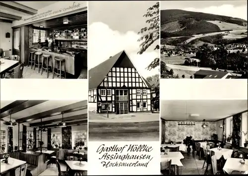 Ak Assinghausen Olsberg im Sauerland, Gasthof Nöllke, Außen- u. Innenansicht, Panorama vom Ort