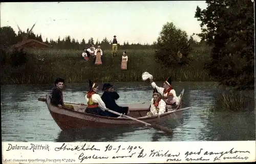 Ak Rättvik Dalarne Dalarna Schweden, Uferpartie, Nacken Ruderboot, Bewohner in Tracht, Abschied