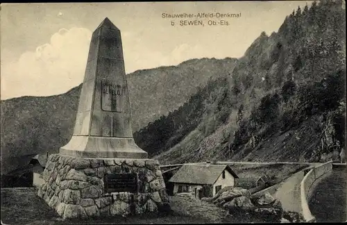 Ak Sewen Elsass Haut Rhin, Stauweiher Alfeld Denkmal