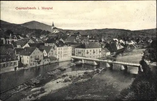 Ak Gernsbach im Schwarzwald, Stadtpanorama, Brücke, Wehr, Kirche