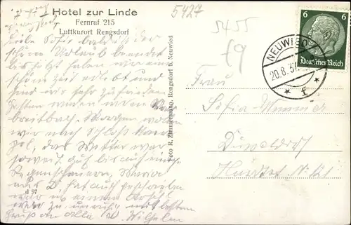 Ak Rengsdorf in Rheinland Pfalz, Hotel zur Linde, Gedicht von H. Sigalis