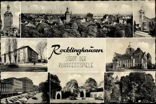 Ak Recklinghausen im Ruhrgebiet, Petruskirche, Totalansicht von Ort, Christuskirche, Rathaus, Markt