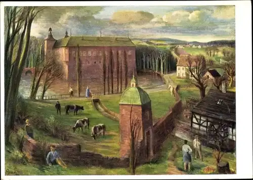 Künstler Ak Paatz, Martin, Niederrheinische Landschaft, Burg, weidende Rinder