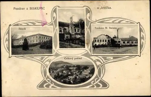 Passepartout Ak Biskupice u Jevíčka Biskupitz Reg. Pardubice, Zamek, Tovarna M. Berana