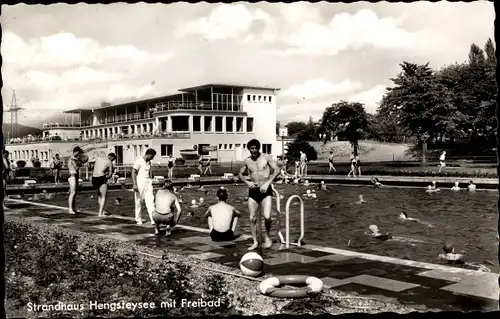 Ak Hagen in Westfalen, Strandhaus Hengsteysee, Freibad, Wasserball, Rettungsring