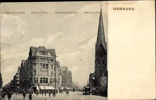 Ak Hamburg Altstadt, Herrmannstraße, Rathaushörn, Mönckebergstraße, Petrikirche