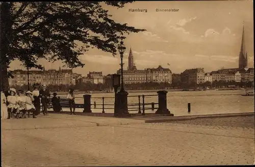 Ak Hamburg Altstadt, Partie an der Binnenalster, Kirchtürme, Häuser