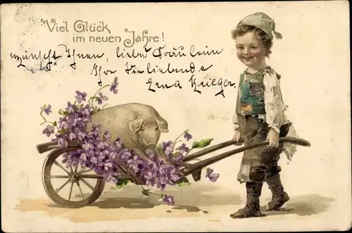 Litho Glückwunsch Neujahr, Junge mit Schwein und Veilchen im Handkarren