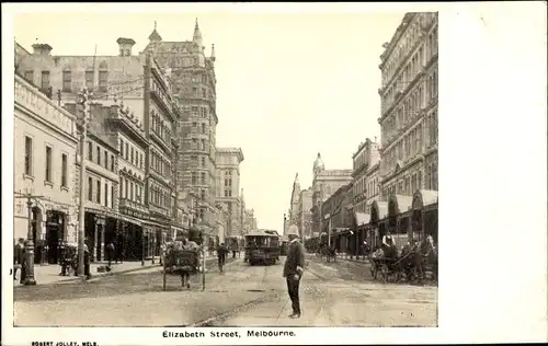 Ak Melbourne Australien, Elizabeth Street, Geschäfte, Straßenbahn, Verkehrspolizist 