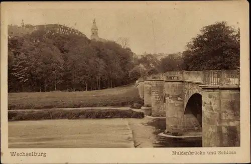 Ak Wechselburg in Sachsen, Muldenbrücke und Schloss
