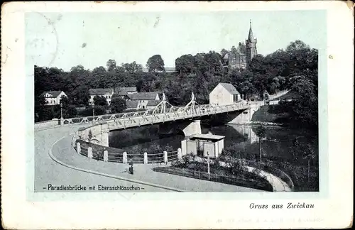 Ak Zwickau in Sachsen, Paradiesbrücke mit Ebersschlösschen 