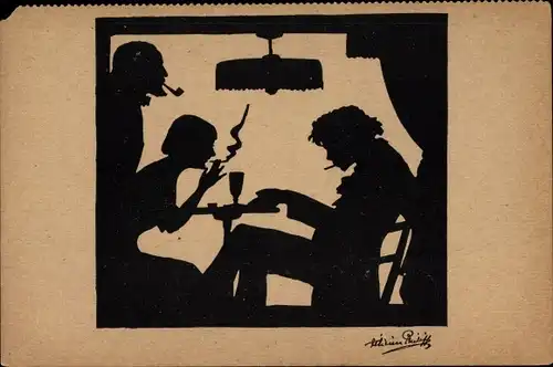 Scherenschnitt Ak Mann mit Pfeife, sitzender Mann und Frau mit Zigarette