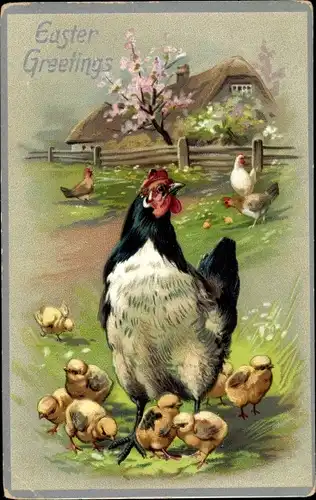 Präge Litho Glückwunsch Ostern, Hühner und Küken auf einer Wiese, Tuck 105