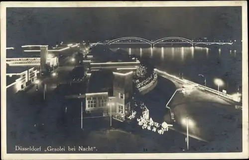 Ak Düsseldorf am Rhein, Gesolei bei Nacht, Brücke, Lichter