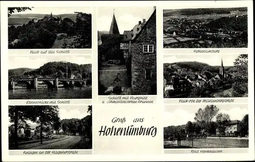 Ak Hohenlimburg Hagen Ruhrgebiet, Panorama vom Ort, Schloss, Rennebrücke, Bad Henkhausen