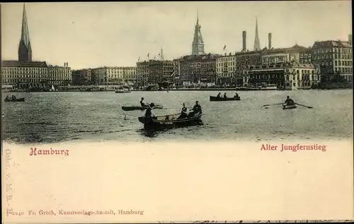 Ak Hamburg Altstadt, Alter Jungfernstieg, Ruderboote, Kirchtürme, Häuser