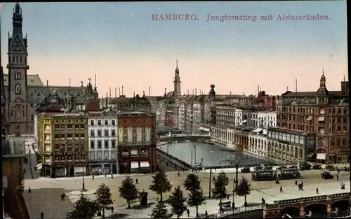 Ak Hamburg Altstadt, Blick über Jungfernstieg mit Alsterarkaden, Straßenbahn