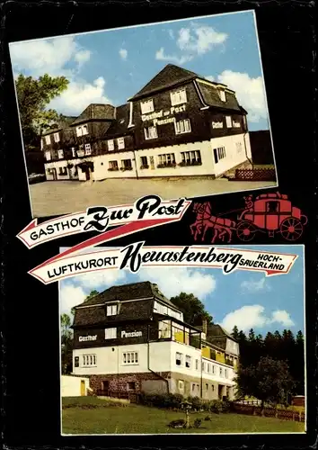 Ak Neuastenberg Winterberg im Sauerland, Gasthof Zur Post, Außenansicht, Postkutsche