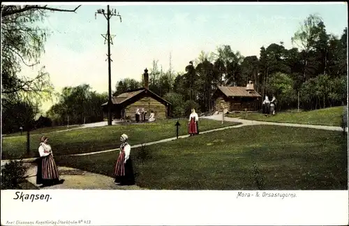 Ak Stockholm Schweden, Skansen Freilichtmuseum, Mora u. Orsastugorna, Damen in Tracht