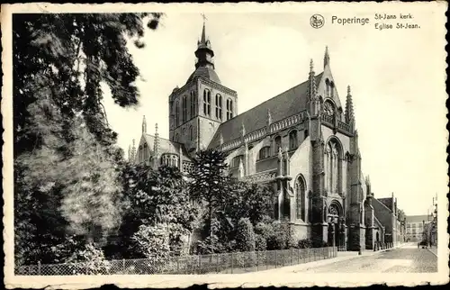 Ak Poperinge Westflandern, St. Johannkirche, Straßenansicht