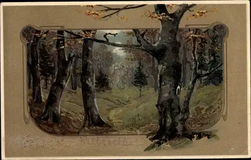 Präge Passepartout Litho Waldszene im Herbst, Bäume