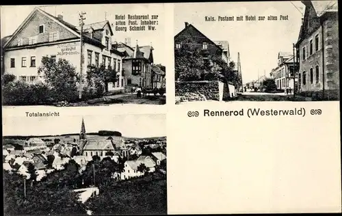 Ak Rennerod Rheinland Pfalz, Hotel zur alten Post, Inh. Georg Schmidt, Postamt, Kirche