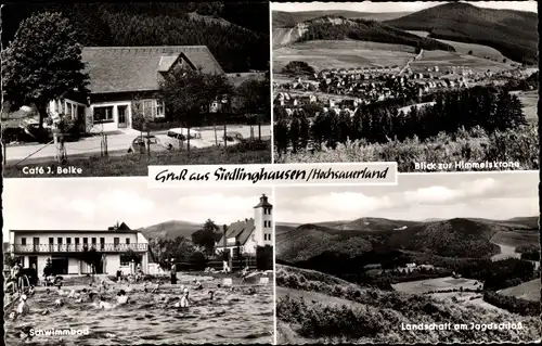 Ak Siedlinghausen Winterberg im Sauerland, Panorama vom Ort, Himmelskrone, Schwimmbad, Café J. Belke