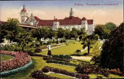 Ak Kołobrzeg Kolberg Pommern, Rosengarten, Strandschloss