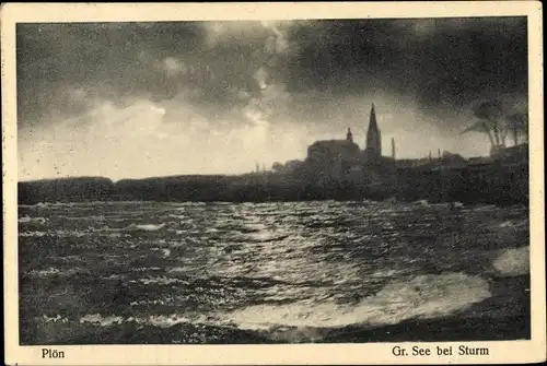 Ak Plön in Schleswig Holstein, Großer See bei Sturm, Kirche, Wellen