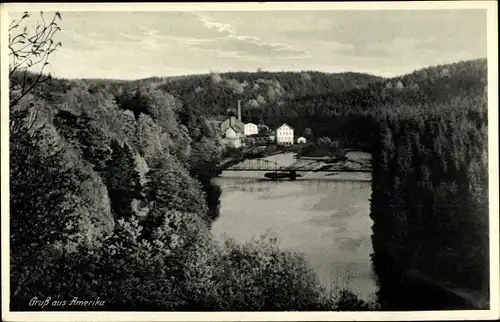 Ak Lunzenau in Sachsen, Brücke, See, Wald, Wohnhäuser